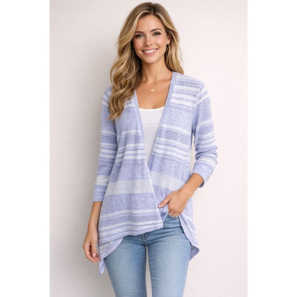 Peyton Primrose Purple White Striped Cardigan Womens L Lightweight Open Front E